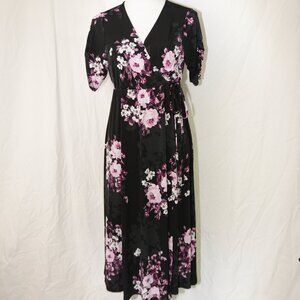EUC Torrid Size 0 Floral Black Dress Short Sleeve Wrap-Look Formal Evening Gown